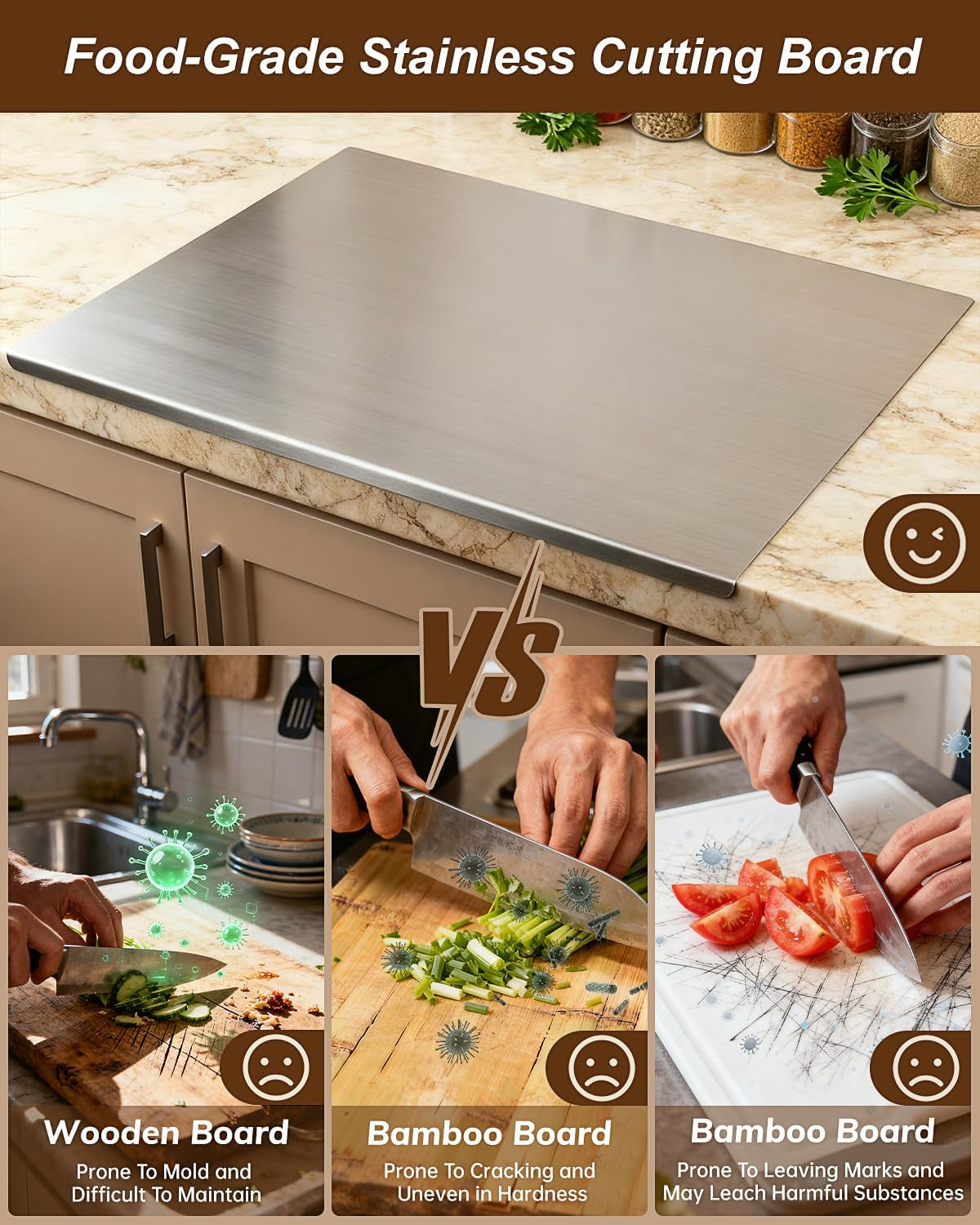 304 Stainless Steel Cutting Board for Kitchen Countertop | Chopping Board Kitchen, Scratch Resistant and Easy to Clean, Cutting Boards for Meat, Fruit, Baking and Vegetable